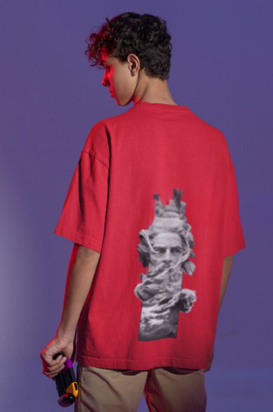 Bold red tee with a grayscale surreal sculpture print on the back—artistic and edgy.