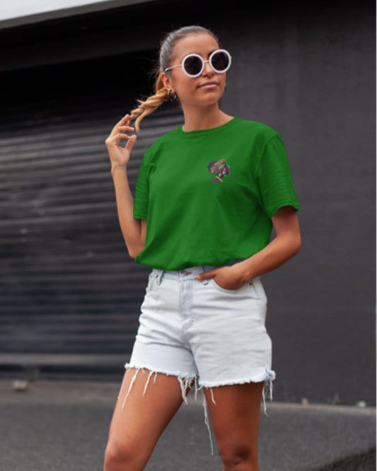 Green heather oversized t-shirt with a multi-colored artistic graphic on the back. Relaxed fit.