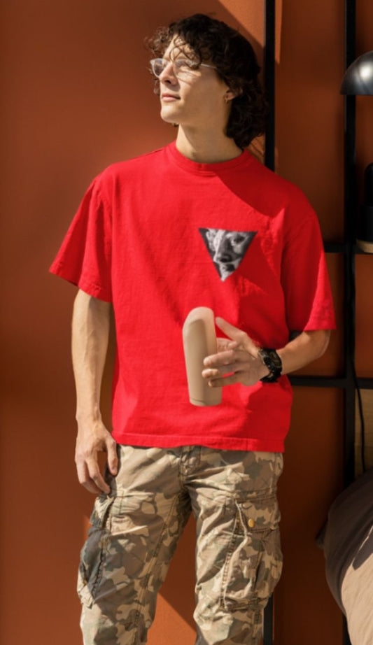 Bold red tee with a grayscale surreal sculpture print on the back—artistic and edgy.