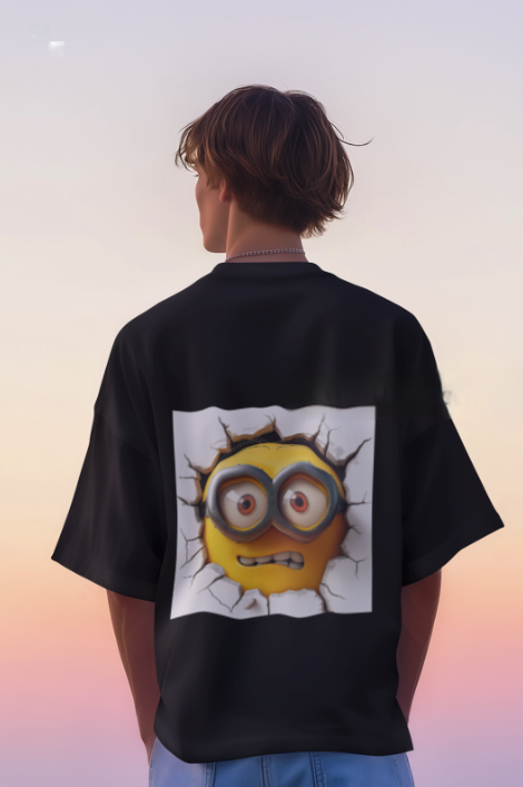 Cracked Wall Cartoon Graphic Oversized Black T-Shirt – Unisex